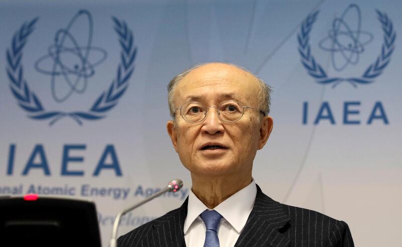 In this Thursday, Nov. 22, 2018 photo Director General of the International Atomic Energy Agency, IAEA, Yukiya Amano of Japan, addresses the media during a news conference after a meeting of the IAEA board of governors at the International Center in Vienna, Austria. The International Atomic Energy Agency says it is announcing with regret the death of Director General Yukiya Amano at the age of 72 years. (AP Photo/Ronald Zak, file)