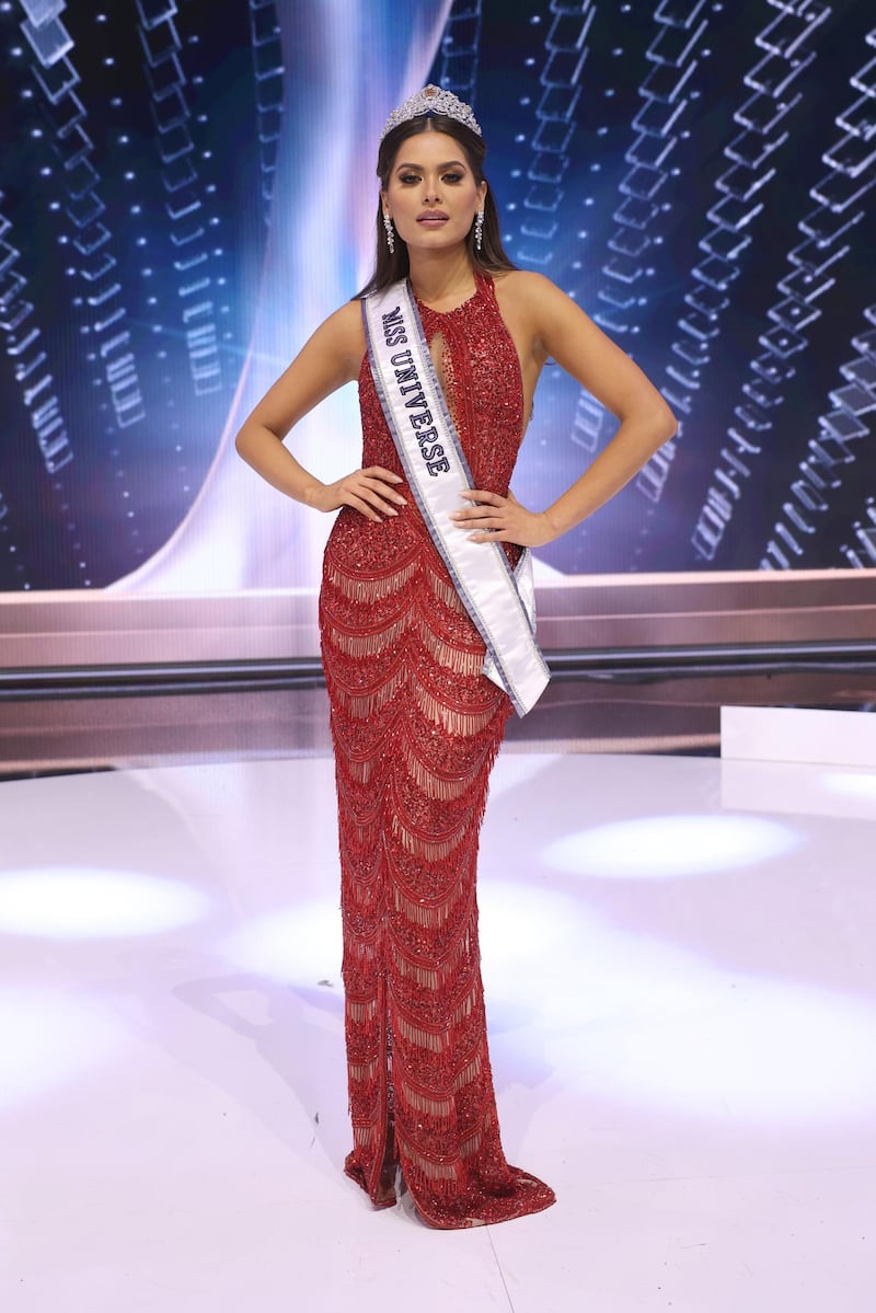 Miss Universe 2020 Andrea Meza poses onstage at the Miss Universe 2021 Pageant at Seminole Hard Rock Hotel & Casino on May 16, 2021 in Hollywood, Florida.  AFP