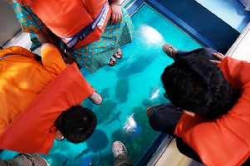 
DUBAI, UNITED ARAB EMIRATES – July 1: People enjoying the Glass bottom boat ride at Dubai Aquarium & Underwater Zoo in Dubai Mall in Dubai. (Pawan Singh / The National) For Arts & Life. Story by Gregor McClenaghan *** Local Caption ***  PS04- GLASS BOAT.jpg