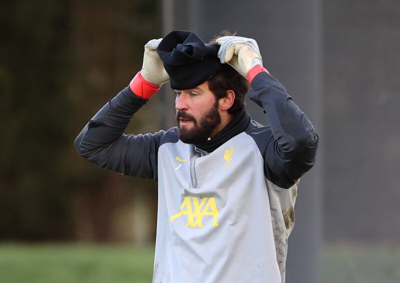 Liverpool goalkeeper Alisson during training. Reuters
