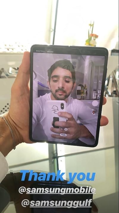 Sheikh Hamdan bin Mohammed uses a Samsung Galaxy Fold. Instagram / @faz3