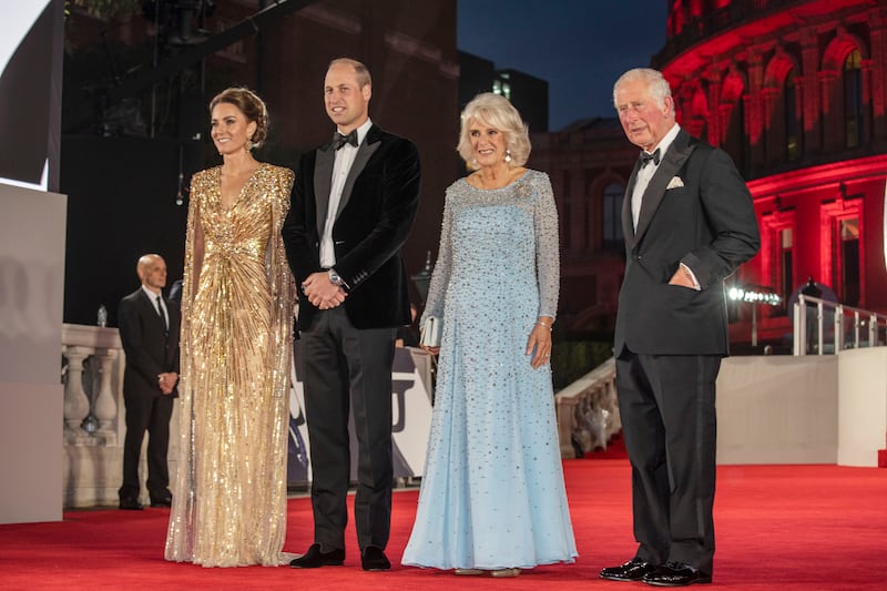 Kate and William attend the 'No Time To Die' world premiere at the Royal Albert Hall on September 28, 2021, alongside Camilla, Duchess of Cornwall, and Prince Charles. Getty Images