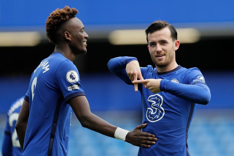 Chelsea's Ben Chilwell, right, celebrates with Tammy Abraham after scoring the opening goal against Crystal Palace on Saturday, October 3. AP