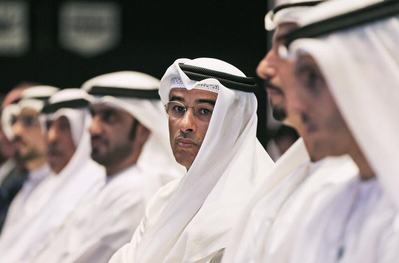 Mohamed Alabbar, chairman of Emaar Properties, centre, who announced the launch of Noon.com last month, has said: 'Today you’re digital, or you die.' Kamran Jebreili / AP Photo
