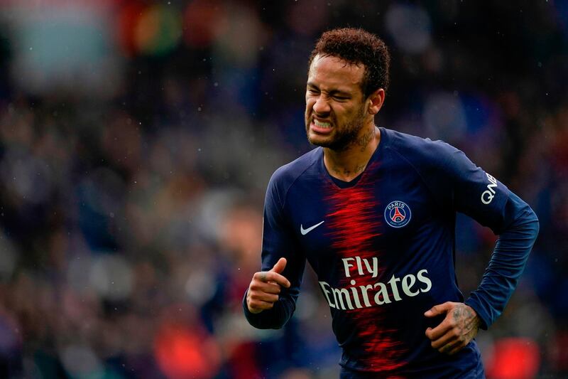 (FILES) In this file photo taken on May 4, 2019 Paris Saint-Germain's Brazilian forward Neymar reacts during the French L1 football match between Paris Saint-Germain (PSG) and OGC Nice at the Parc des Princes stadium in Paris. PSG star striker Neymar has made an appeal against his suspension for three games in the Champions League next season, UEFA told AFP on May 10, 2019, confirming reports in the newspaper L'Equipe. / AFP / Lionel BONAVENTURE
