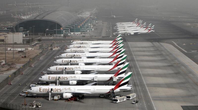 epa06977146 (FILE) - Aircrafts of the Emirates Airlines parking at the Dubai International airport in the Gulf emirate of Dubai, United Arab Emirates, 27 May 2012  (reissued 27 August 2018). The United Arab Emirates General Authority of Civil Aviation on 27 August 2018 denied reports that UAE air traffic was disrupted after an alleged Houthi drone attack. Iran- and Houthi-affiliated media reported claims that Houthi militias from Yemen had carried out a drone attack on Dubai airport.  EPA/ALI HAIDER