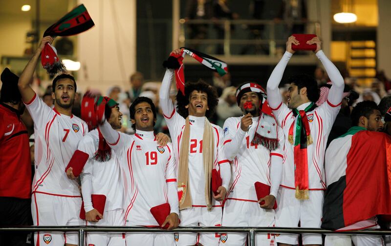 UAE team players celebrate after winning their final game against Iraq at the Gulf Cup Tournament in Isa Town, January 18, 2013. REUTERS/Hamad I Mohammed (BAHRAIN - Tags: SPORT SOCCER) *** Local Caption ***  BAH18D_SOCCER-_0118_11.JPG