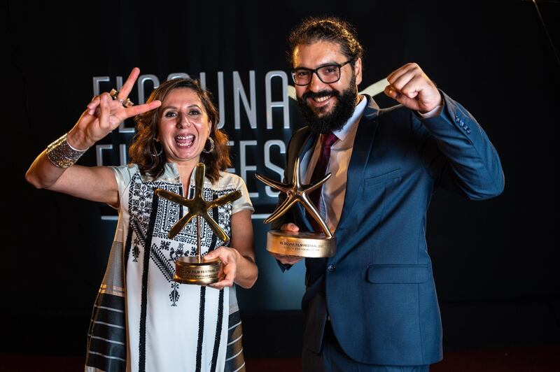 '200 Metres' producer May Odeh, left, and director Ameen Nayfeh have received three prizes including Best Actor, on behalf of Ali Suliman, and the Cinema for Humanity award. El Gouna Film Festival 