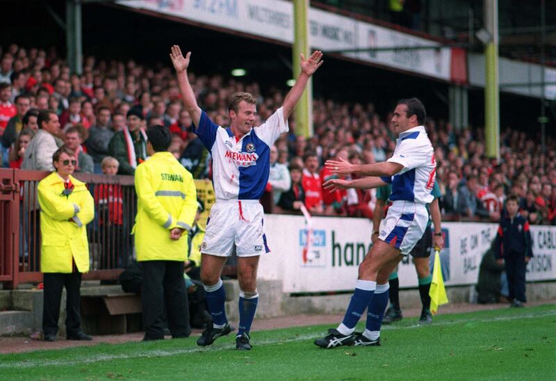 Mandatory Credit: Photo by Colorsport/Shutterstock (3116670a)
Alan Shearer (Blackburn) celebrates his goal with Paul Atkins Swindon Town v Blackburn Rovers 2/10/1993 Swindon 1 Blackburn 3
Sport