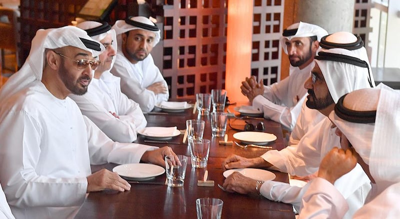 Sheikh Mohammed bin Rashid, Vice President and Ruler of Dubai, was in Abu Dhabi on Sunday to have lunch with Sheikh Mohammed bin Zayed, Crown Prince of Abu Dhabi and Deputy Supreme Commander of the Armed Forces, during which they discussed issues of importance to the nation. Courtesy Dubai Media Office
