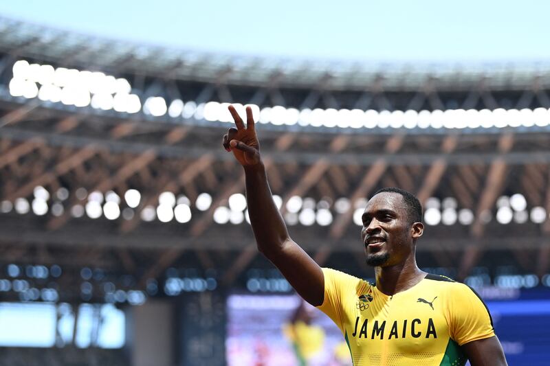 Jamaica's Hansle Parchment celebrates.