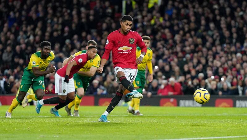 Manchester United's Marcus Rashford scores their second goal from the penalty spot. Reuters
