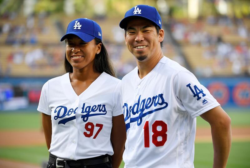 Osaka poses with Los Angeles Dodgers' Kenta Maeda. AP Photo