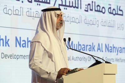 DUBAI, UNITED ARAB EMIRATES, 8 AUGUST 2017. H.H. Sheikh Nahyan bin Mubarak Al Nahyan, Minister of Culture & Knowledge Development. Chairman of General Authority of Youth & Sports Welfare talks at the International Youth Day Celebration at the Intercontinental Hotel in Festival City. (Photo: Antonie Robertson/The National) Journalist: Caline Malik. Section: National.