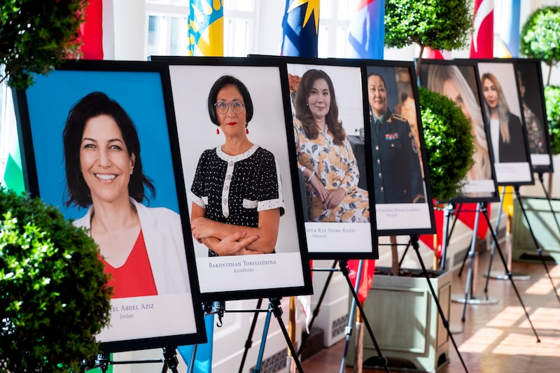 The portraits of recipients of the 17th annual International Women of Courage Award displayed in the East Wing of the White House on March 8. EPA