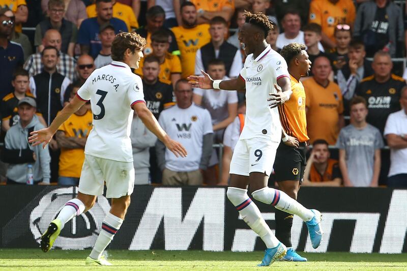 Chelsea's English striker Tammy Abraham celebrates with Marcos Alonso after scoring their second goal. AFP