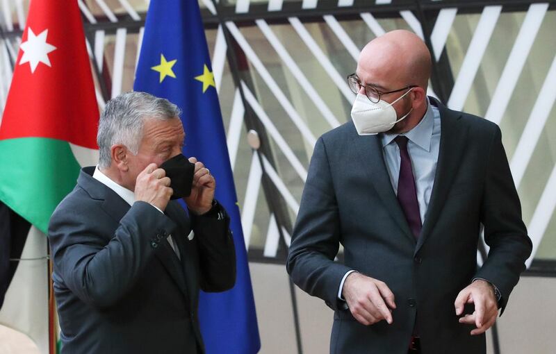 King Abdullah speaks with Charles Michel in Brussels. EPA