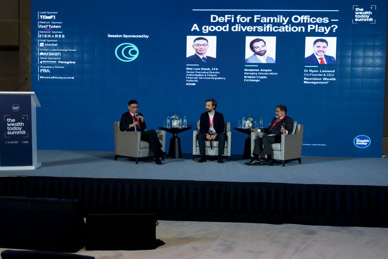 Wai-Lum Kwok, senior executive director at the Financial Services Regulatory Authority of Abu Dhabi Global Market; Benjamin Ampen, managing director for Mena at Kraken Crypto Exchange; and Ryan Lemand, co-founder and chief executive at Neovision Wealth Management, during a panel discussion at the Wealth Today Summit in Dubai on Tuesday. Photo: Wealth Today