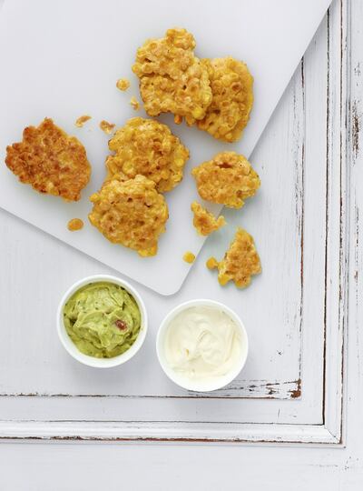 Sweetcorn fritters. Courtesy The Baby-led Weaning Quick and Easy Recipe Book by Gill Rapley and Tracey Murkett (Vermilion)