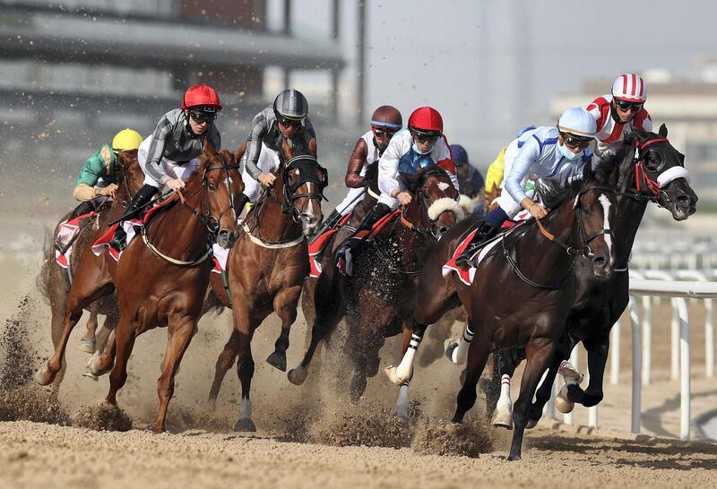 Dubai, United Arab Emirates - Reporter: Amith Passela. Sport. Horse Racing. Panadol ridden by Mickael Barzalona (light blue) wins the Al Bastakiya on Super Saturday at Meydan. Dubai. Saturday, March 6th, 2021. Chris Whiteoak / The National