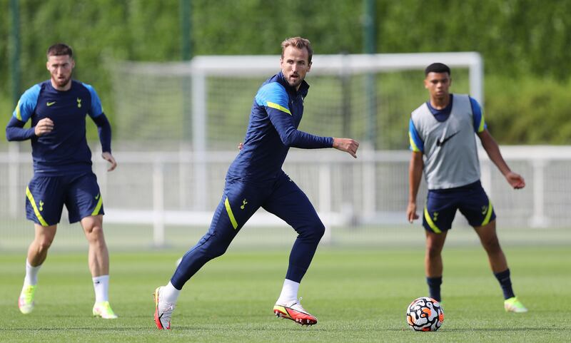 Harry Kane in training after announcing he will stay at Tottenham. Getty