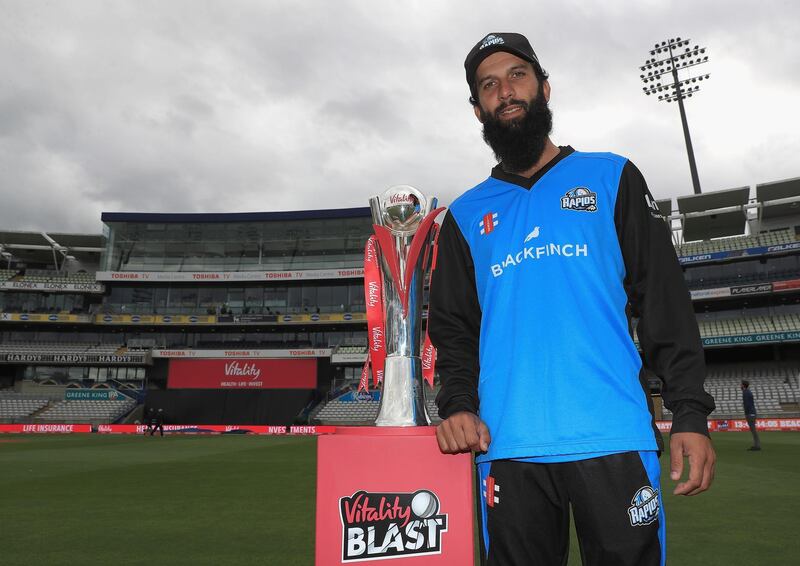 BIRMINGHAM, ENGLAND - SEPTEMBER 14:  Moeen Ali, Captain of Worcestershire County Cricket Club pictured with the 'Vitality Blast' trophy during a Vitality Blast Final Media Day at Edgbaston on September 14, 2018 in Birmingham, England.  (Photo by Matthew Lewis/Getty Images)