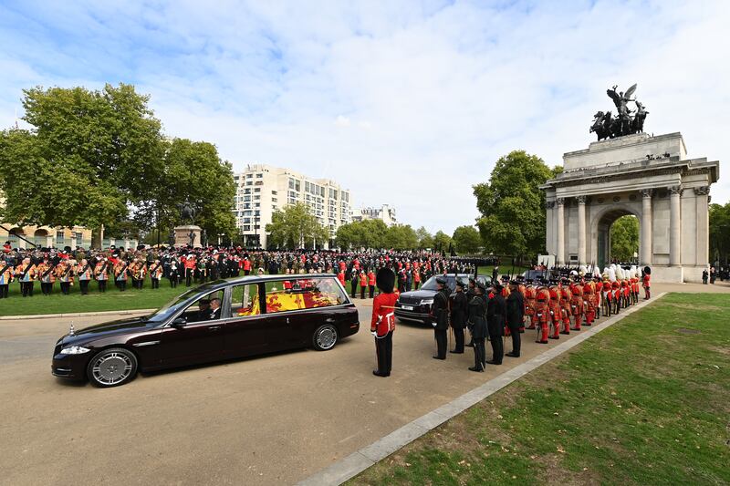 The state hearse carrying the coffin of Queen Elizabeth II at Wellington Arch. Getty Images