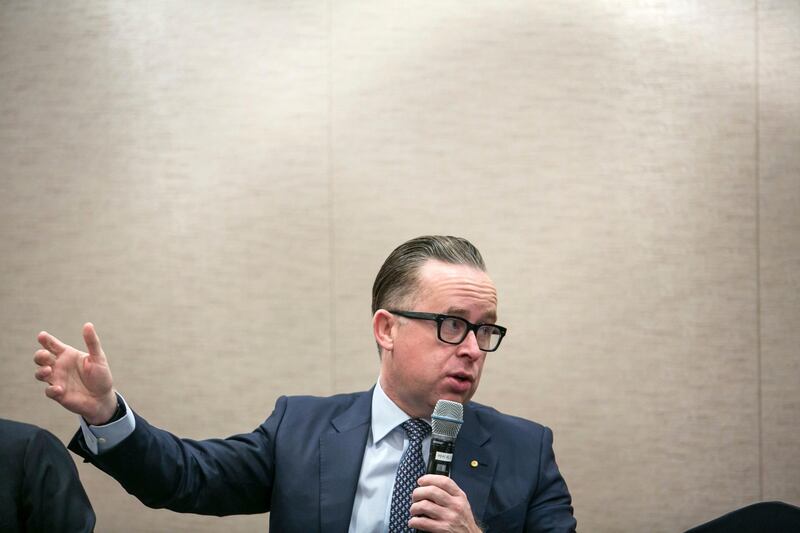 Alan Joyce, chief executive officer of Qantas Airways Ltd., speaks during a news conference at the International Air Transport Association (IATA) annual general meeting in Seoul, South Korea, on Monday, June 3, 2019. Qantas will see Project Sunrise pitches from Boeing Co. and Airbus SE by August and has asked for best and final offers from each plane maker to supply an aircraft that could fly direct from Sydney to London and New York in 2022. Photographer: Jean Chung/Bloomberg