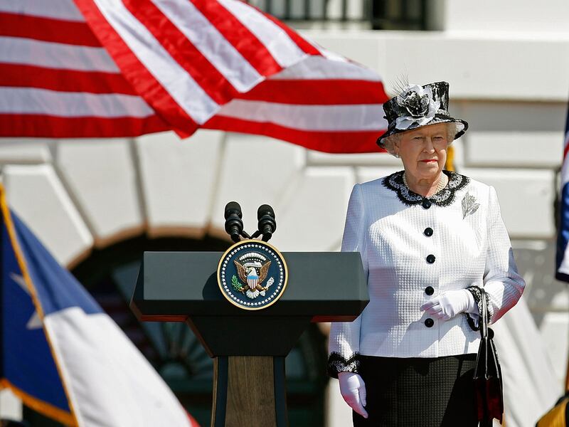 Queen Elizabeth II at the White House during her state visit to the US in 2007, to mark the 400th anniversary of the arrival of the first English settlers. Getty