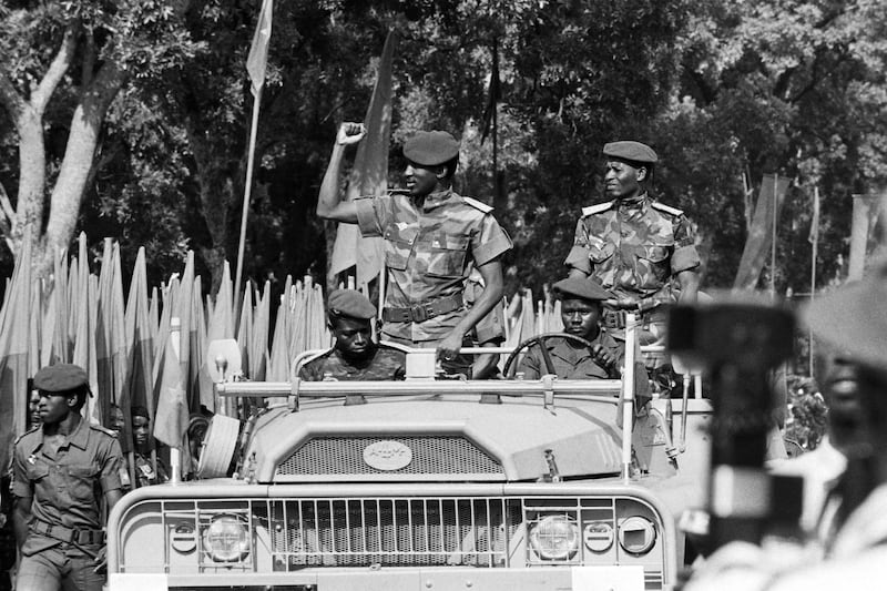 Sankara waves to troops in the street of Ouagadougou, 1985. AFP