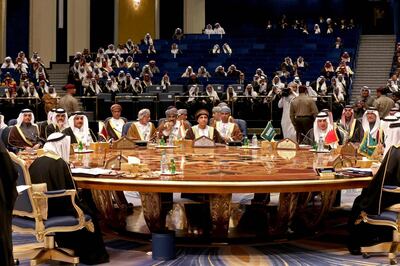 A general view of the GCC leaders attending the Gulf Cooperation Council (GCC) summit at Bayan palace in Kuwait City on December 5, 2017.
The Gulf Cooperation Council, which launches its annual summit today in Kuwait amid its deepest ever internal crisis, comprises six Arab monarchies who sit on a third of the world's oil. A political and economic union, the GCC comprises Saudi Arabia, the United Arab Emirates, Kuwait, Qatar, Oman and Bahrain. Dominated by Riyadh, it is a major regional counterweight to rival Iran.
 / AFP PHOTO / GIUSEPPE CACACE