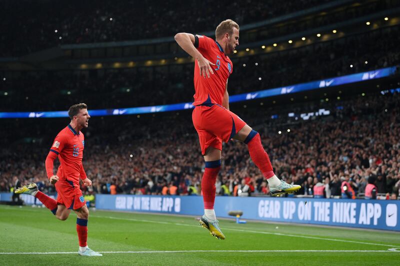 Harry Kane celebrates after scoring the third. Getty