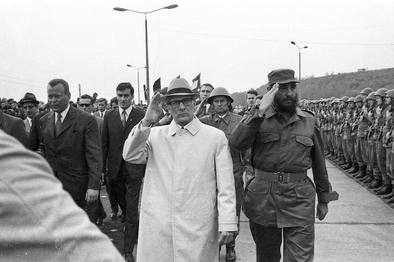 Fidel Castro reviews troops during his visit to Leuna in the former German Democratic Republic in June 1972. With Castro is East German president Erich Honecker. Rogelio More / Prensa Latina via AP Images