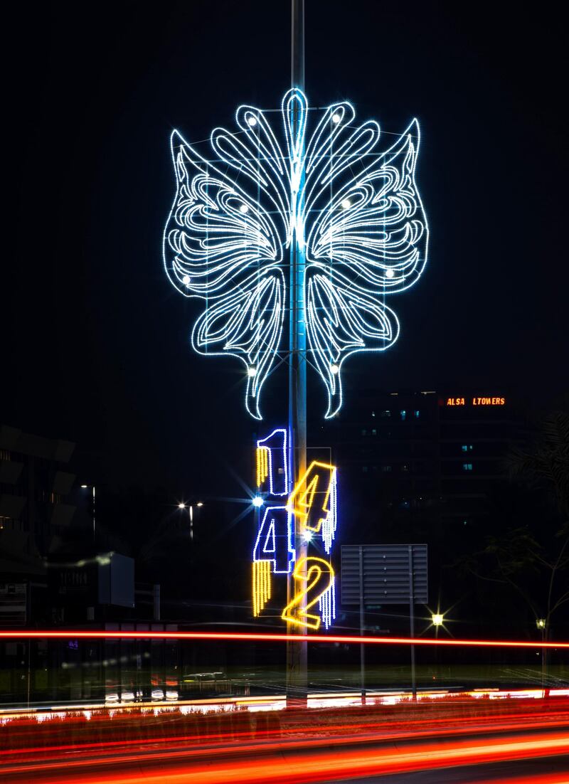 Abu Dhabi, United Arab Emirates, August 15, 2020.  Islamic, or Hijri Neaw Year lights are turned on at the Corniche.  The UAE Ministry of Human Resources and Emeratisation announced all employees would get a public holiday on August 23, the day that marks the beginning of the new Islamic year 1442.
Victor Besa /The National
Section:  NA
For:  Standalone/Stock Images