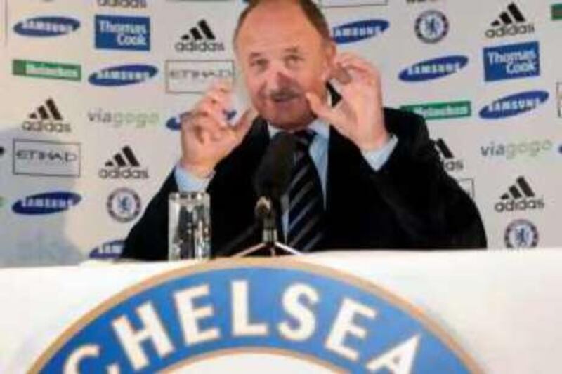 Chelsea's manager Luiz Felipe Scolari gestures during a news conference at Cobham in Surrey in southern England, July 8 2008. The former Brazil and Portugal national soccer team manager was officially unveiled today as new Chelsea head coach. REUTERS/Toby Melville  (BRITAIN) *** Local Caption ***  COB506_SPORT-SOCCER_0708_11.JPG