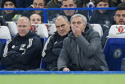 epa06310623 Manchester United manager Jose Mourinho (R) reacts during the English Premier League match between Chelsea and Manchester United at Stamford Bridge stadium in London, Britain, 05 November 2017.  EPA/FACUNDO ARRIZABALAGA EDITORIAL USE ONLY. No use with unauthorized audio, video, data, fixture lists, club/league logos or 'live' services. Online in-match use limited to 75 images, no video emulation. No use in betting, games or single club/league/player publications