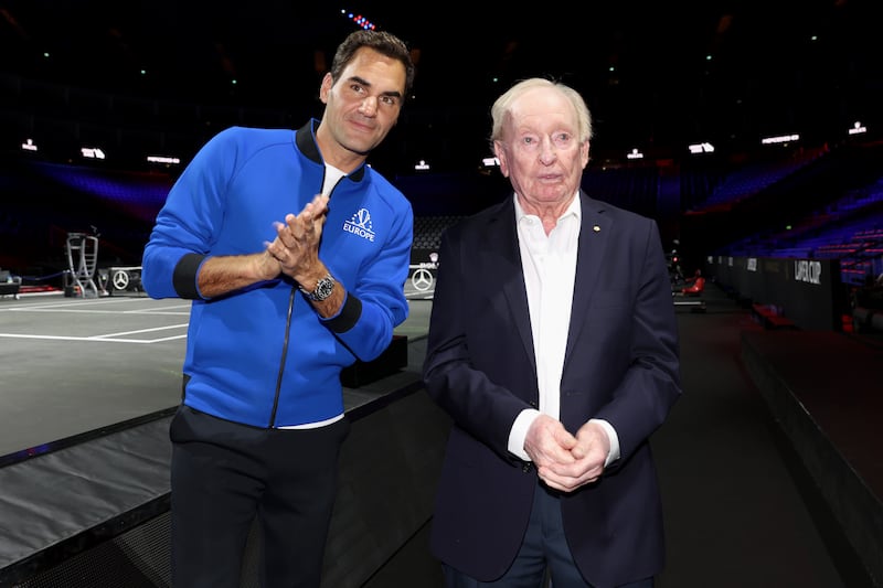 Rod Laver and Roger Federer of Team Europe ahead of the Laver Cup at the O2 Arena in London. Getty