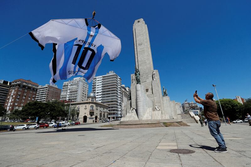 An-18-metre long Argentina shirt featuring soccer star Lionel Messi's surname at the Monumento a la Bandera - the National Flag Memorial - in Rosario, Argentina. Reuters
