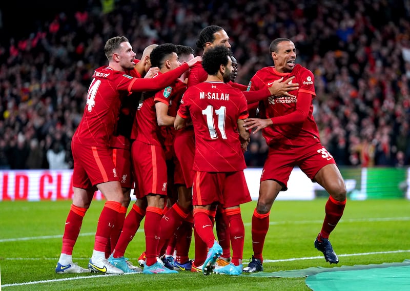 Liverpool's Joel Matip celebrates with his team-mates after scoring, before it was later disallowed. PA