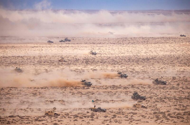 Moroccan Royal Armed Forces join US Army vehicles in the military exercise.