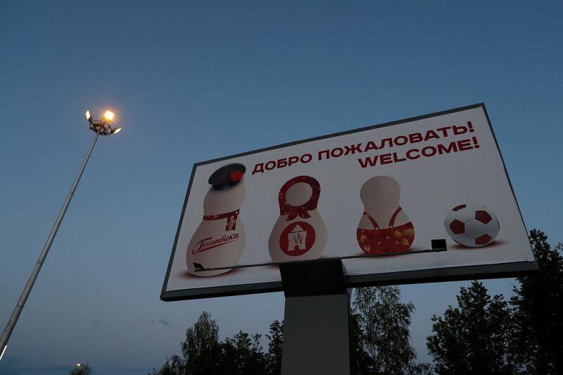 An advertising billboard reading 'Welcome!' is pictured outside the Strigino Nizhny Novgorod International airport, Russia on June 17, 2018. Murad Sezer / Reuters