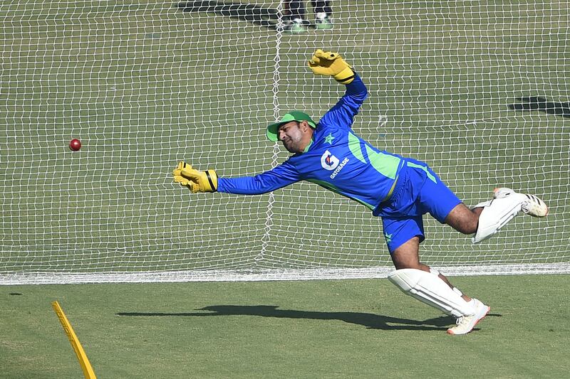 Pakistan's Sarfaraz Ahmed takes a catch during training ahead of the first Test against New Zealand at the National Stadium in Karachi. AFP