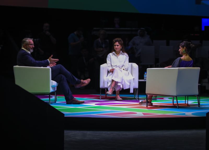 A discussion on 'AI and the Future of Culture', with moderator Priya Khanchandani, head of curatorial + interpretation at the Design Museum, and speakers Aidan Meller, director of Ai-Da Robot and Oxfordians, and Suhair Khan, founder and director of Open/Ended Design.