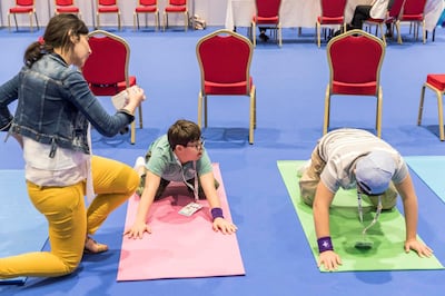 ABU DHABI, UNITED ARAB EMIRATES. 20 MARCH 2018. Strong Minds programme within the Healthy Athletes area. The Body Tree area is the yoga and deep breathing section to help with stress and tension. (Photo: Antonie Robertson/The National) Journalist: Ramola Talwar. Section: National.