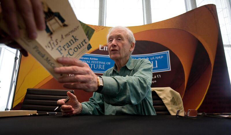 Dubai - February 27, 2009 - Author Frank McCourt during a book signing at the International Festival of Literature in Dubai, February 27, 2009. (Photo by Jeff Topping/ The National )  *** Local Caption ***  JT024-0227-LIT FESTIVAL FRANK MCCOURT IMG_0565-2.jpgJT024-0227-LIT FESTIVAL FRANK MCCOURT IMG_0565-2.jpg