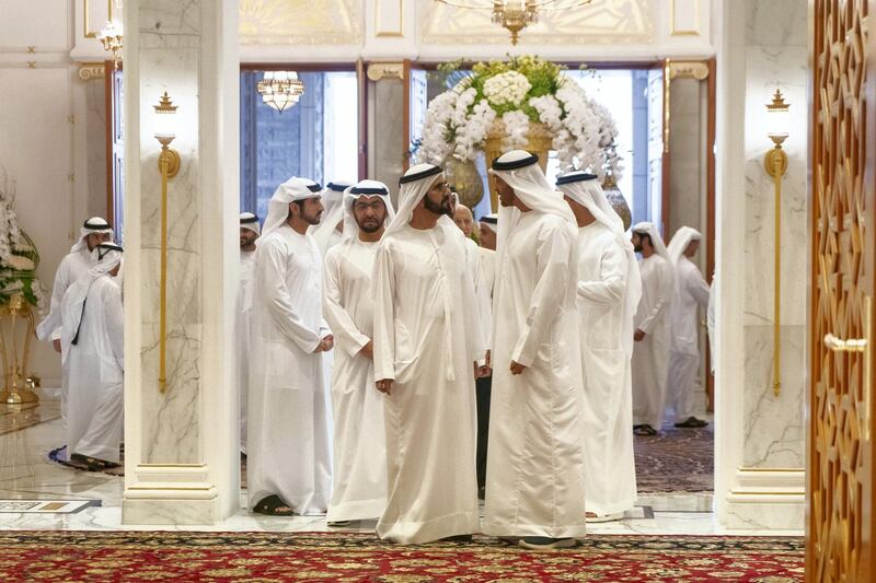 DUBAI, UNITED ARAB EMIRATES - May 19, 2019: HH Sheikh Mohamed bin Zayed Al Nahyan, Crown Prince of Abu Dhabi and Deputy Supreme Commander of the UAE Armed Forces (center R), attends an iftar reception hosted by HH Sheikh Mohamed bin Rashid Al Maktoum, Vice-President, Prime Minister of the UAE, Ruler of Dubai and Minister of Defence (center L), at Zabeel Palace. Seen with HH Sheikh Hamdan bin Mohamed Al Maktoum, Crown Prince of Dubai (L) and HH Sheikh Hamdan bin Zayed Al Nahyan, Ruler’s Representative in Al Dhafra Region (back 2nd L).

( Mohamed Al Hammadi / Ministry of Presidential Affairs )
---
