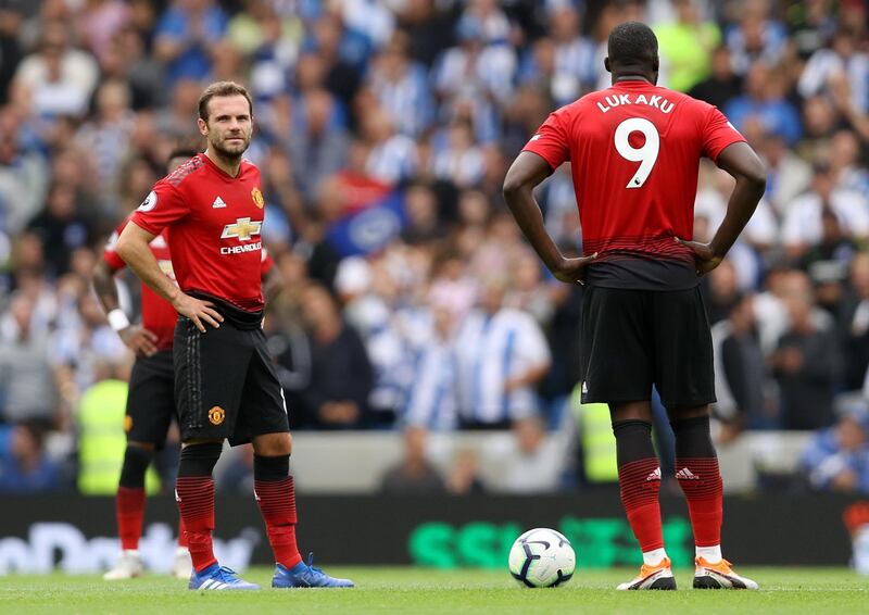 BRIGHTON, ENGLAND - AUGUST 19:  Juan Mata and Romelu Lukaku of Manchester United look on following Brighton and Hove Albion's second goal during the Premier League match between Brighton & Hove Albion and Manchester United at American Express Community Stadium on August 19, 2018 in Brighton, United Kingdom.  (Photo by Dan Istitene/Getty Images)