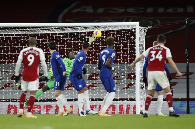 Arsenal's Granit Xhaka scores from a free-kick to make it 2-0. EPA