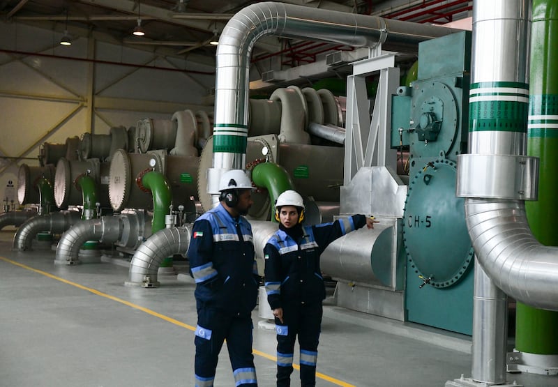 Chiller plant room with six units at a Tabreed Cooling Plant in Abu Dhabi. Khushnum Bhandari / The National