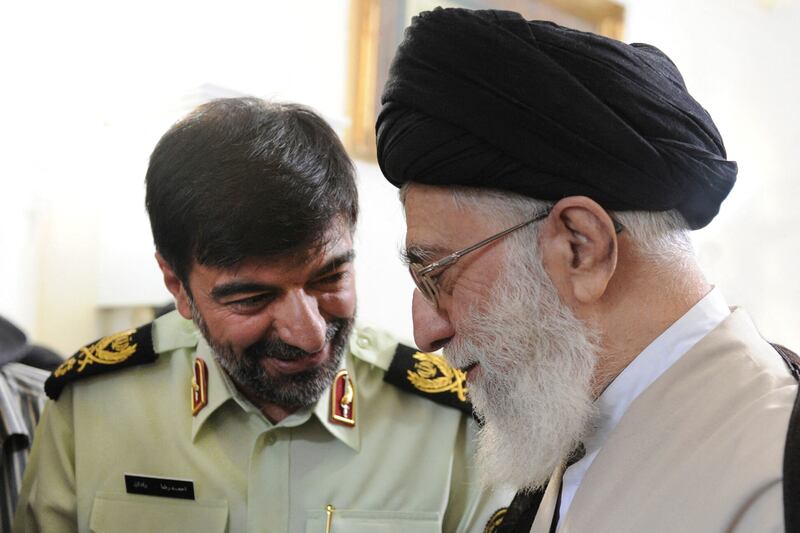 Iran's supreme leader Ayatollah Ali Khamenei meets the newly appointed national police chief Gen Ahmadreza Radan in Tehran on January 7, 2023.  khameini.ir / AFP